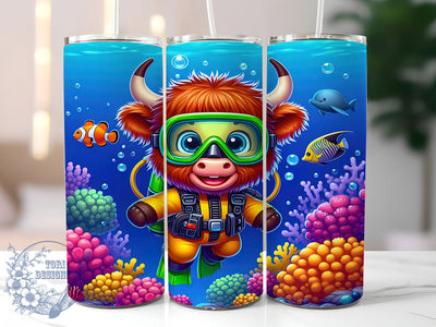 Underwater Highland Cow Tumbler Wrap, Underwater Cow Design, Cute Cow Sublimation, 20oz Tumbler Wrap, Ocean Theme Tumbler, Sea Life Sublimation, Cow Under Sea Design Sublimation ToriDesigns 