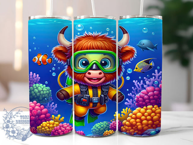 Underwater Highland Cow Tumbler Wrap, Underwater Cow Design, Cute Cow Sublimation, 20oz Tumbler Wrap, Ocean Theme Tumbler, Sea Life Sublimation, Cow Under Sea Design Sublimation ToriDesigns 