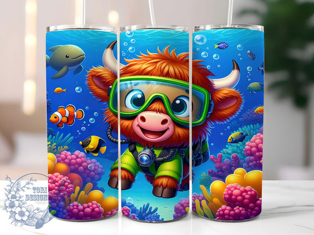 Underwater Highland Cow Tumbler Wrap, Underwater Cow Design, Cute Cow Sublimation, 20oz Tumbler Wrap, Ocean Theme Tumbler, Sea Life Sublimation, Cow Under Sea Design Sublimation ToriDesigns 