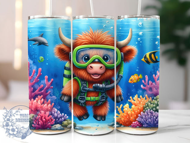 Underwater Highland Cow Tumbler Wrap, Underwater Cow Design, Cute Cow Sublimation, 20oz Tumbler Wrap, Ocean Theme Tumbler, Sea Life Sublimation, Cow Under Sea Design Sublimation ToriDesigns 