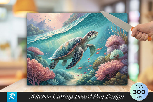 Underwater Majesty Turtle Amidst Delicate Coral Cutting Board PNG Design Sublimation Regulrcrative 