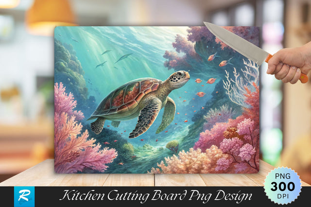 Underwater Majesty Turtle Amidst Delicate Coral Cutting Board PNG Design Sublimation Regulrcrative 