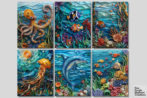 Underwater Ocean Quilling Digital Junk Journal Kit Half Page - Aquatic Animals Digital Pattern Fine Purple Elephant Creations 