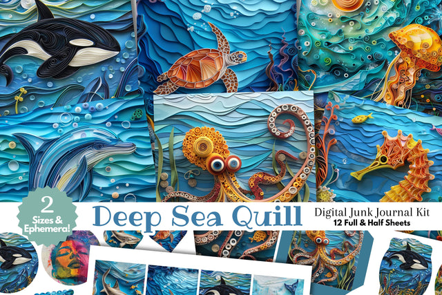 Underwater Ocean Quilling Digital Junk Journal Kit Half Page - Aquatic Animals Digital Pattern Fine Purple Elephant Creations 