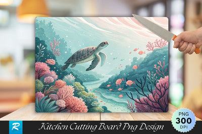 Underwater Paradise with Turtle and Vibrant Coral Cutting Board PNG Design Sublimation Regulrcrative 