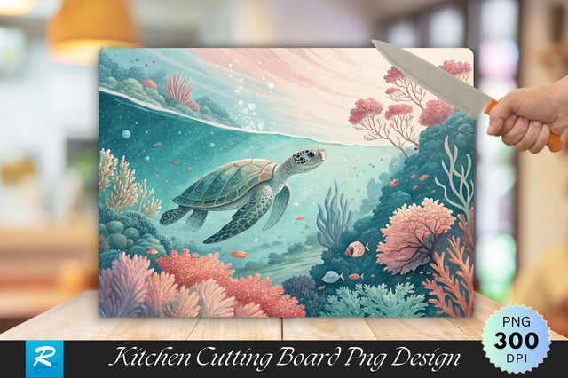 Underwater Paradise with Turtle and Vibrant Coral Cutting Board PNG Design Sublimation Regulrcrative 