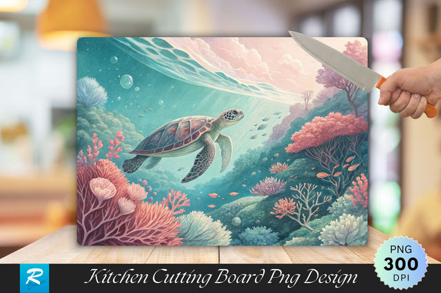 Underwater Paradise with Turtle and Vibrant Coral Cutting Board PNG Design Sublimation Regulrcrative 