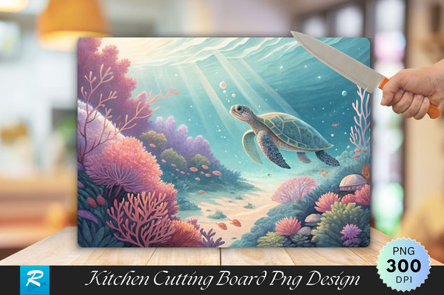 Underwater Serenity Turtle Among Glowing Flora Cutting Board PNG Design Sublimation Regulrcrative 