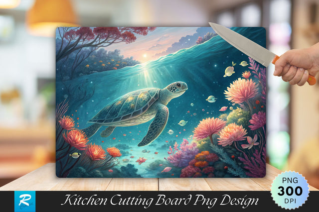 Underwater Serenity Turtle and Glowing Flora Cutting Board PNG Design Sublimation Regulrcrative 