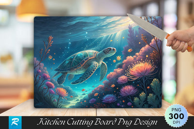 Underwater Serenity Turtle and Glowing Flora Cutting Board PNG Design Sublimation Regulrcrative 