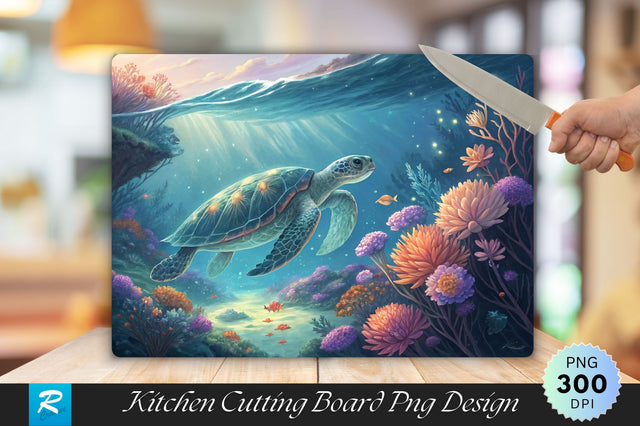 Underwater Serenity Turtle and Glowing Flora Cutting Board PNG Design Sublimation Regulrcrative 