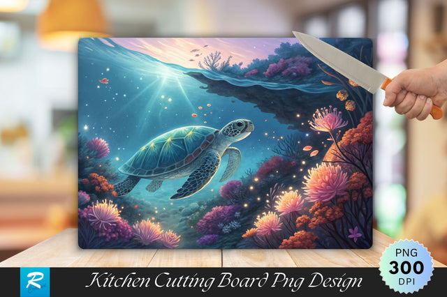 Underwater Serenity Turtle and Glowing Flora Cutting Board PNG Design Sublimation Regulrcrative 