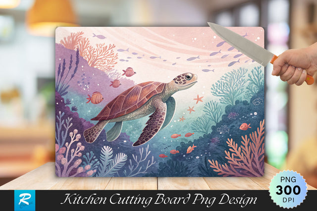 Underwater Turtle Glide with Coral Designs Cutting Board PNG Design Sublimation Regulrcrative 