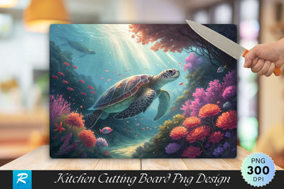 Underwater Turtle with Colorful Marine Life Cutting Board PNG Design Sublimation Regulrcrative 