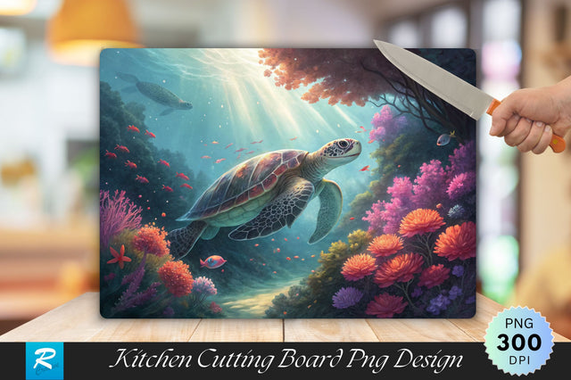 Underwater Turtle with Colorful Marine Life Cutting Board PNG Design Sublimation Regulrcrative 