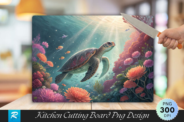 Underwater Turtle with Colorful Marine Life Cutting Board PNG Design Sublimation Regulrcrative 