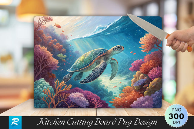 Underwater Turtle with Coral Foliage Cutting Board PNG Design Sublimation Regulrcrative 