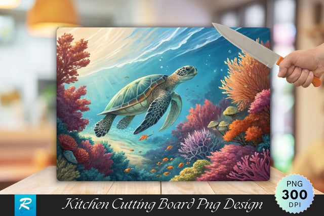 Underwater Turtle with Coral Foliage Cutting Board PNG Design Sublimation Regulrcrative 