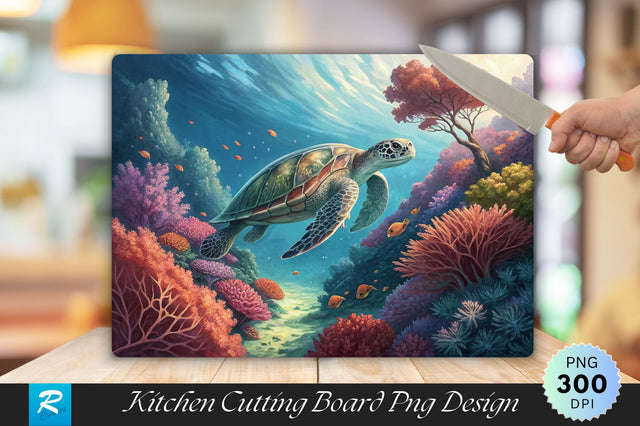Underwater Turtle with Coral Foliage Cutting Board PNG Design Sublimation Regulrcrative 