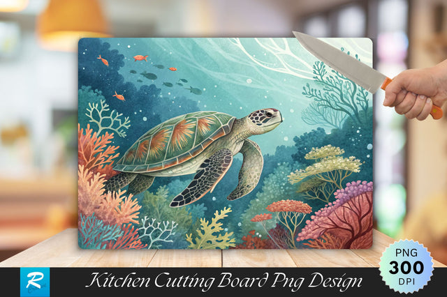 Underwater Turtle with Soft Coral Cutting Board PNG Design Sublimation Regulrcrative 