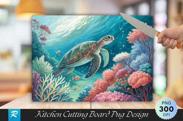 Underwater Turtle with Soft Coral Cutting Board PNG Design Sublimation Regulrcrative 
