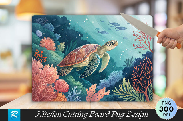 Underwater Turtle with Soft Coral Cutting Board PNG Design Sublimation Regulrcrative 