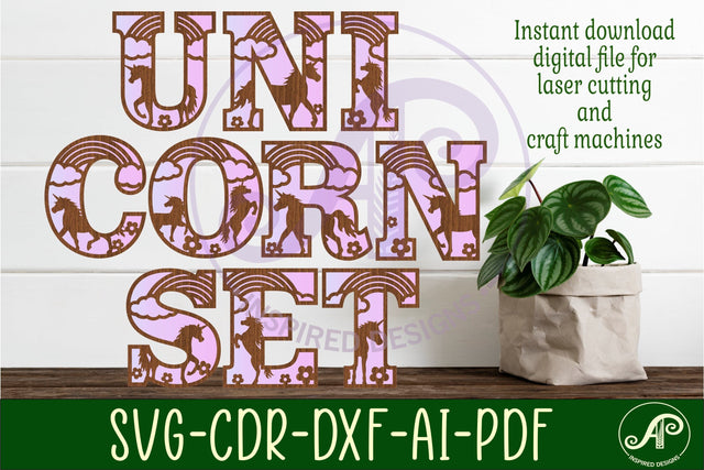 Unicorn alphabet letter set. 2 layer 49 letters. SVG APInspireddesigns 