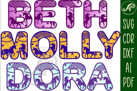 Unicorn and rainbow alphabet set. 2 layer letters. 47letter SVG APInspireddesigns 