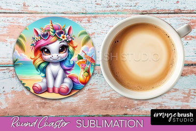 Unicorn Coaster Sublimation - Beach Round Coaster PNG Sublimation OrangeBrushStudio 
