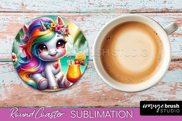 Unicorn Coaster Sublimation - Beach Round Coaster PNG Sublimation OrangeBrushStudio 