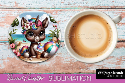 Unicorn Coaster Sublimation - Beach Round Coaster PNG Sublimation OrangeBrushStudio 