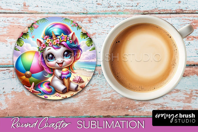 Unicorn Coaster Sublimation - Beach Round Coaster PNG Sublimation OrangeBrushStudio 