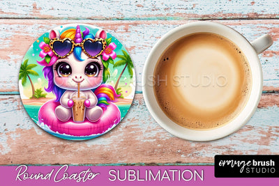 Unicorn Coaster Sublimation - Beach Round Coaster PNG Sublimation OrangeBrushStudio 