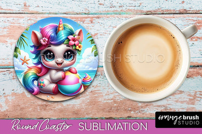 Unicorn Coaster Sublimation - Beach Round Coaster PNG Sublimation OrangeBrushStudio 