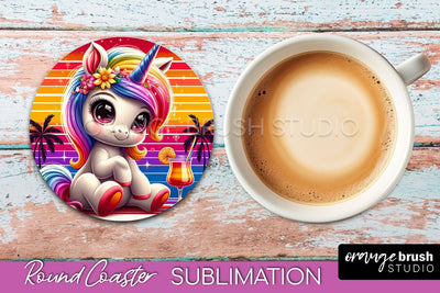 Unicorn Coaster Sublimation - Beach Round Coaster PNG Sublimation OrangeBrushStudio 