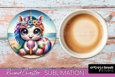 Unicorn Coaster Sublimation - Beach Round Coaster PNG Sublimation OrangeBrushStudio 