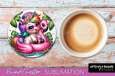 Unicorn Coaster Sublimation - Beach Round Coaster PNG Sublimation OrangeBrushStudio 