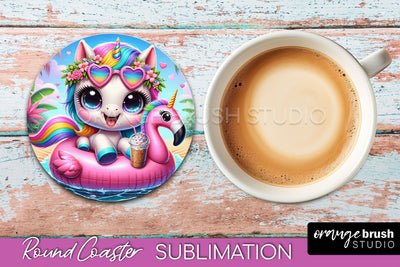 Unicorn Coaster Sublimation - Beach Round Coaster PNG Sublimation OrangeBrushStudio 