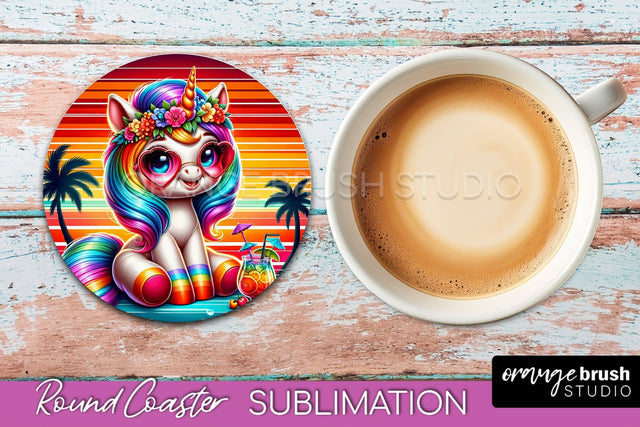 Unicorn Coaster Sublimation - Beach Round Coaster PNG Sublimation OrangeBrushStudio 