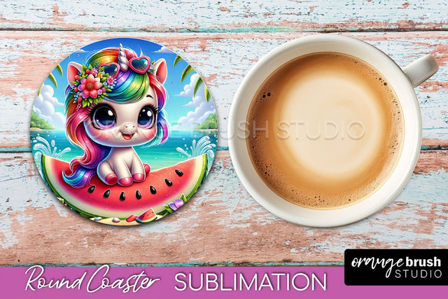 Unicorn Coaster Sublimation - Beach Round Coaster PNG Sublimation OrangeBrushStudio 
