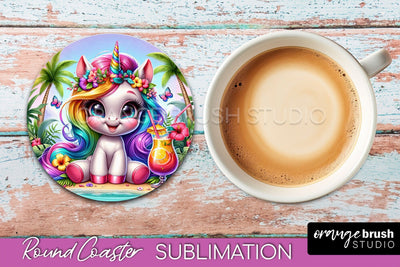 Unicorn Coaster Sublimation - Beach Round Coaster PNG Sublimation OrangeBrushStudio 