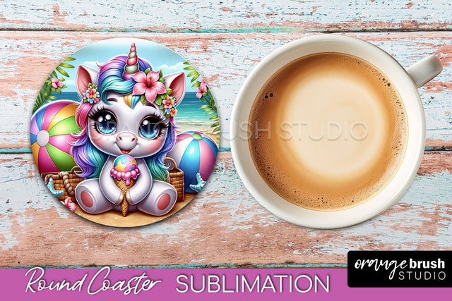 Unicorn Coaster Sublimation - Beach Round Coaster PNG Sublimation OrangeBrushStudio 