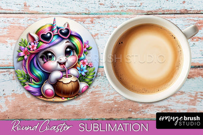 Unicorn Coaster Sublimation - Beach Round Coaster PNG Sublimation OrangeBrushStudio 