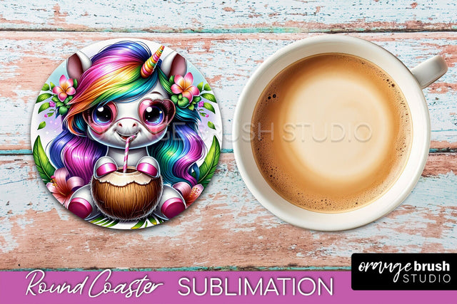 Unicorn Coaster Sublimation - Beach Round Coaster PNG Sublimation OrangeBrushStudio 