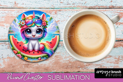 Unicorn Coaster Sublimation - Beach Round Coaster PNG Sublimation OrangeBrushStudio 