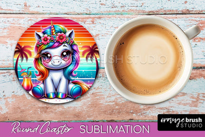 Unicorn Coaster Sublimation - Beach Round Coaster PNG Sublimation OrangeBrushStudio 