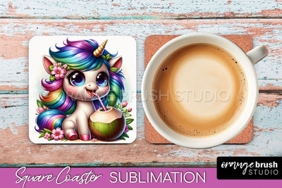 Unicorn Coaster Sublimation - Beach Square Coaster PNG Sublimation OrangeBrushStudio 
