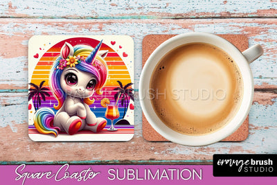 Unicorn Coaster Sublimation - Beach Square Coaster PNG Sublimation OrangeBrushStudio 