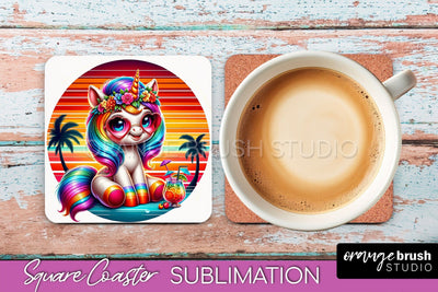 Unicorn Coaster Sublimation - Beach Square Coaster PNG Sublimation OrangeBrushStudio 