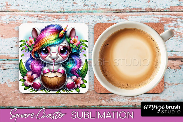 Unicorn Coaster Sublimation - Beach Square Coaster PNG Sublimation OrangeBrushStudio 
